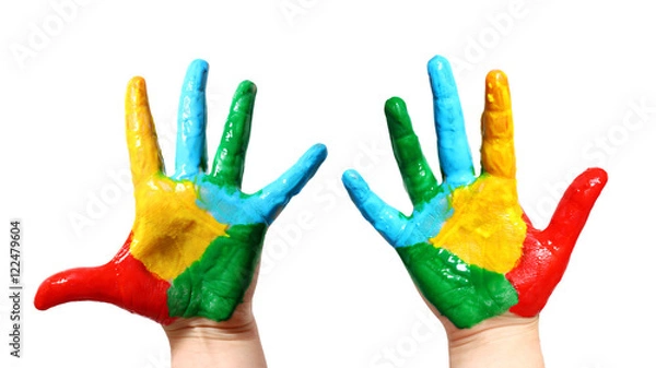 Fototapeta Child hands painted in colorful paints