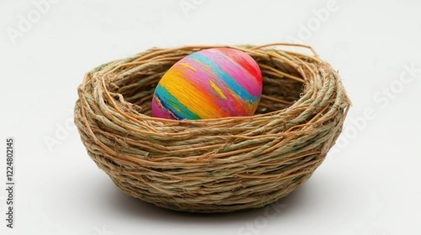 Fototapeta Colorful Easter egg nestled in a handmade grass nest for spring celebration