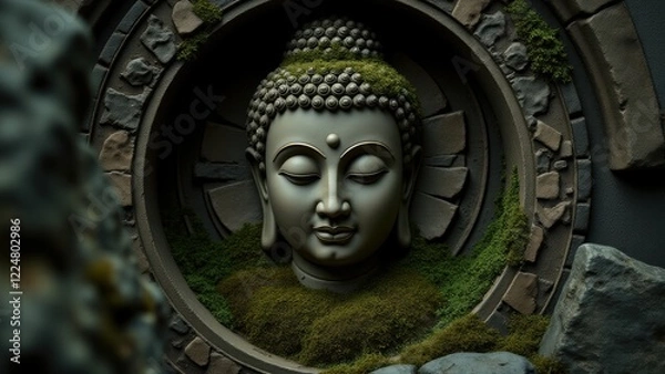 Fototapeta A weathered Buddha face emerges from a temple wall, moss gently covering its carved lines, hinting at ancient serenity.