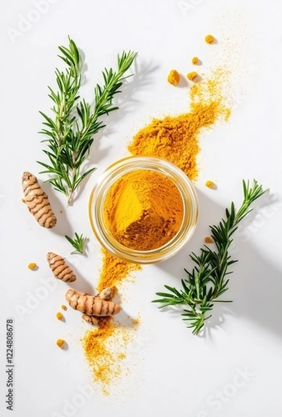 Fototapeta A top view on a glass jar filled with turmeric powder standing on a white tabletop with green herbs and rosemary. A clean, modern photo of curcuma anti-inflammatory supplements