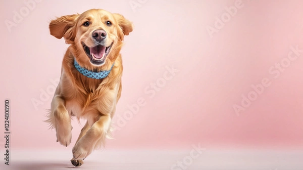 Fototapeta A golden retriever is running towards the camera happily, wearing a blue patterned collar.
