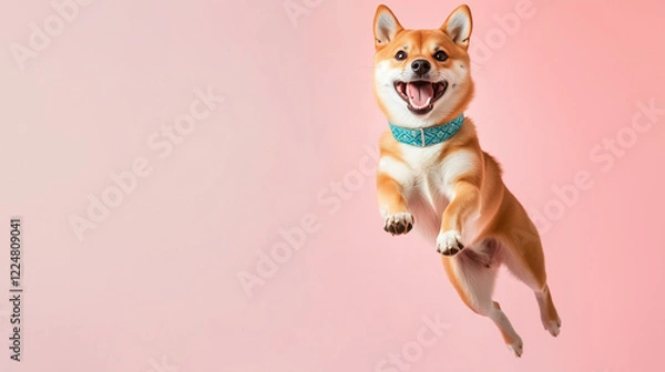 Fototapeta Shiba Inu jumping up and down happily, wearing a blue patterned collar, background of pink and white