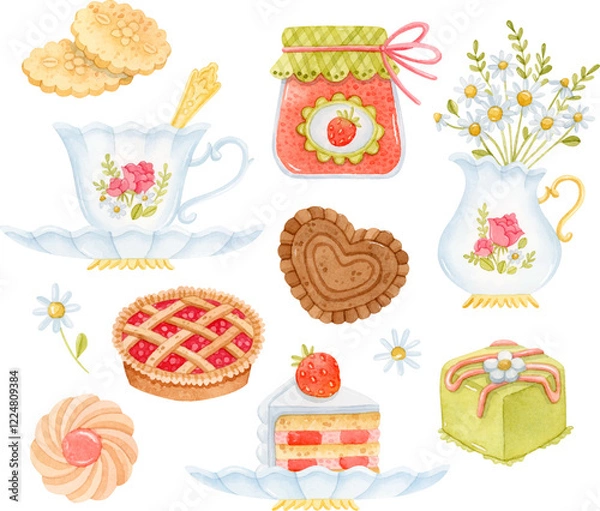 Obraz Watercolor tea party elements set. Teacup on a saucer with a spoon, strawberry jam, cookies, desserts, chamomile bouquet in a creamer