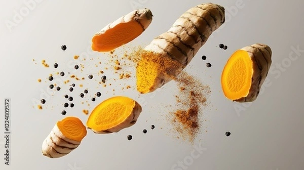 Fototapeta A composition of a turmeric (Curcuma longa Linn) sliced root and powder falling on white background. Anti inflammatory food concept.