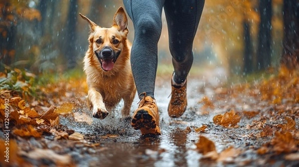 Fototapeta A runner and their dog jog through a stunning autumn mountain trail. The scene is full of energy, movement, and adventure, capturing the bond between human and pet