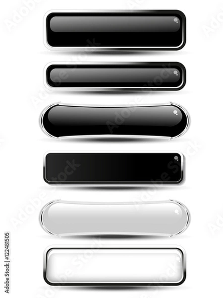 Fototapeta Vector black, white rectangle and oval buttons for website or app. Blank monochrome labels for text Buy now, Subscribe, Sign Up, Register, Download, Upload, Search, Next, Previous, Learn More etc.