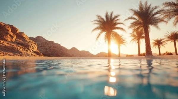 Fototapeta Serene Sunset at a Tropical Oasis with Palm Trees and Crystal-Clear Waters Reflecting the Golden Glow of Dusk on a Peaceful Beach Setting