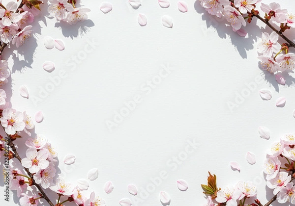 Fototapeta 桜の花びら 背景素材｜コピースペース付きの白背景｜春のイメージ｜Cherry Blossom Petals Backgrounds｜White Background with Copy Space｜Spring Image