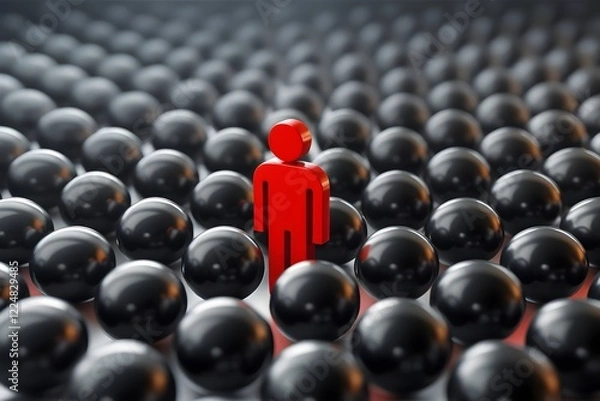 Fototapeta A red figure among black spheres symbolizes identifying insider threats