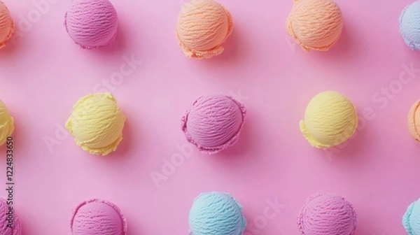 Fototapeta Colorful ice creams in various flavors displayed on a pink background