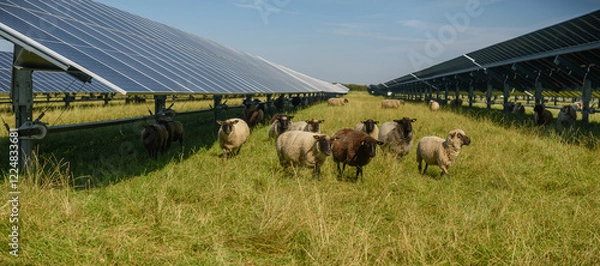 Fototapeta Sheeps standing next to a field of solar panels. Solar farm with solar trackers panels and flock of sheep. Agrivoltaics concept that involves the shared use of land for solar parks and sheep grazing. 