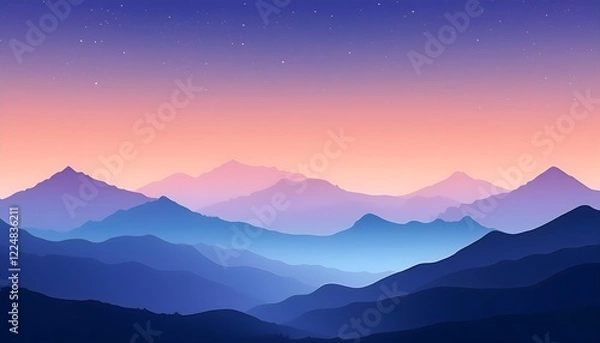 Obraz a minimalist wallpaper with layered mountain silhouettes in shades of blue and purple.