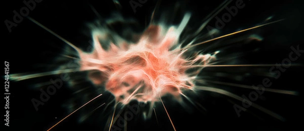 Fototapeta Three-dimensional sparks floating in central empty space with realistic depth on a black background