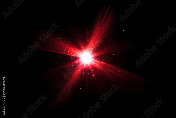 Fototapeta Red Light Burst Explodes on Dark Background with Particles and Flares
