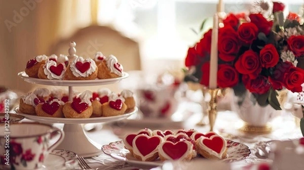 Fototapeta Valentine's themed high tea, heart-shaped pastries, fine china, and red roses arranged elegantly on the table
