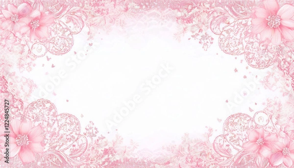 Fototapeta 水彩画、ピンク色レース柄のフレーム背景