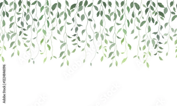 Obraz Seamless border with green abstract hanging branches, delicate isolated watercolor illustration for invitation card, cover, frame or wallpapers. Hand drawn foliage background.