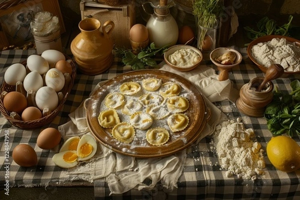 Obraz Una composizione di ravioli fatti a mano su una tovaglia a quadri, circondati da ingredienti come ricotta, spinaci e uova, con un'atmosfera calda e familiare