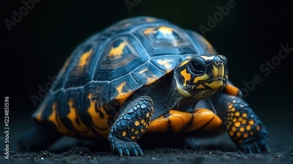 Fototapeta Highly detailed close-up of a land tortoise with an expressive shell and textured skin on a black background