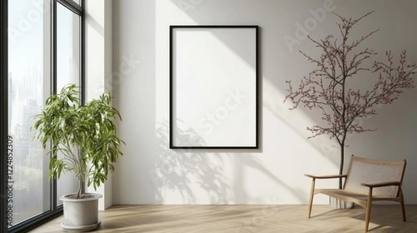 Fototapeta A minimalist room with a blank frame, a plant, a tree with pink blossoms and a chair