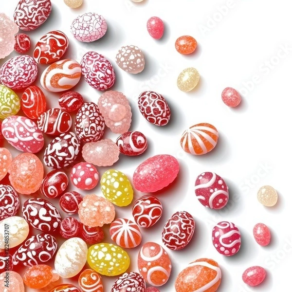 Fototapeta Vibrant jellybeans scattered in an artistic diagonal pattern on a white background creating a playful Easter design