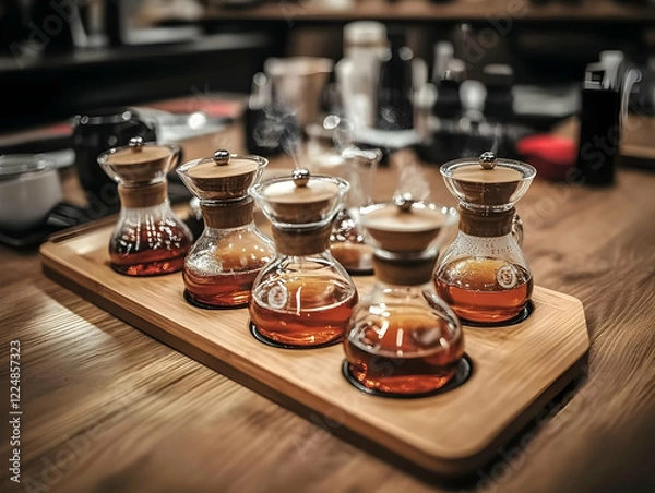Fototapeta Steaming Tea Presentation on Wooden Tray: A Cozy Cafe Scene with Aromatic Beverages
