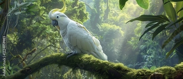 Obraz A Sulphur-crested Cockatoo, with its bright yellow crest and white plumage, stands out against the verdant backdrop of a rainforest, Standing on the moss covered wood, bathed in warm light.