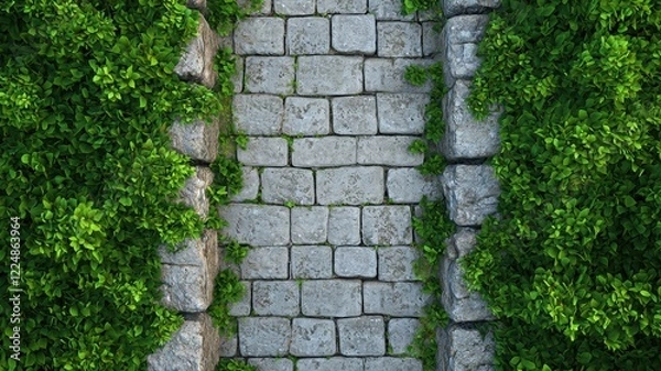 Fototapeta Stone Pathway Cobblestone Road Lush Greenery Garden Walk Overhead View Nature Texture
