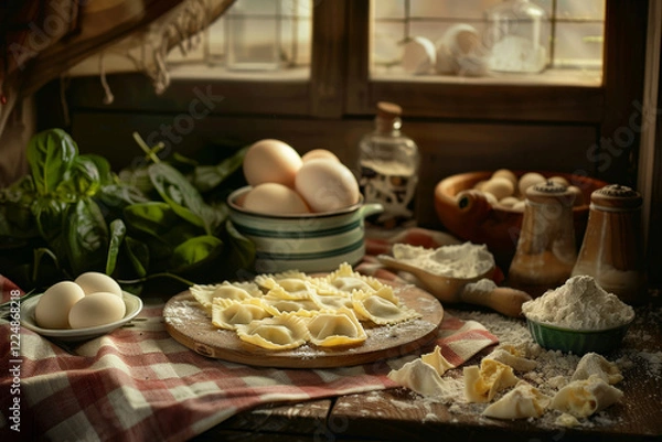 Obraz Una composizione di ravioli fatti a mano su una tovaglia a quadri, circondati da ingredienti come ricotta, spinaci e uova, con un'atmosfera calda e familiare