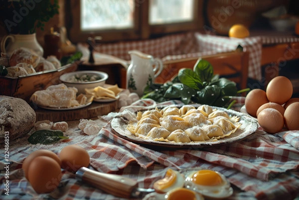 Fototapeta Una composizione di ravioli fatti a mano su una tovaglia a quadri, circondati da ingredienti come ricotta, spinaci e uova, con un'atmosfera calda e familiare