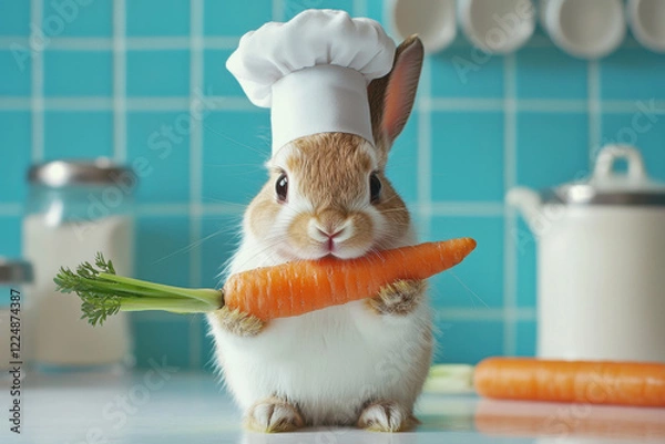 Fototapeta Tiny rabbit dressed as a professional chef, holding a large carrot in a bright kitchen environment.