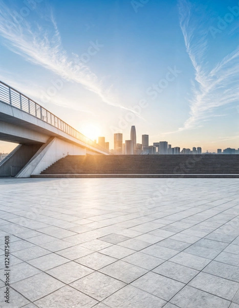 Obraz A modern urban landscape featuring a spacious, open-air tiled plaza with a scenic view of the city skyline at sunrise or sunset.