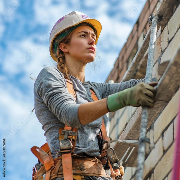 Obraz Female bricklayer working on construction site.