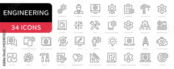 Fototapeta Engineering simple line icons set, editable stroke. Vector