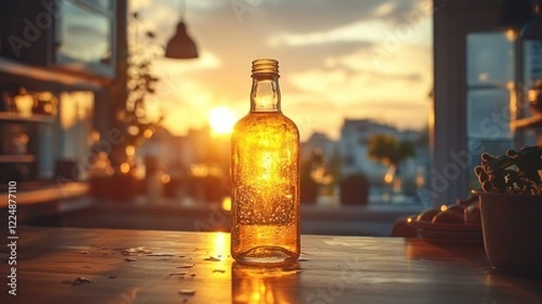 Fototapeta Sunset, bottle, table, golden hour, calm.
