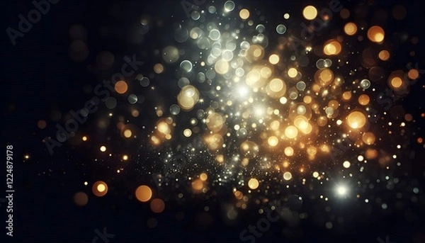 Fototapeta "A black background with blurred bokeh light textures, featuring soft golden and silver orbs glowing gently, creating a dreamy and atmospheric effect."