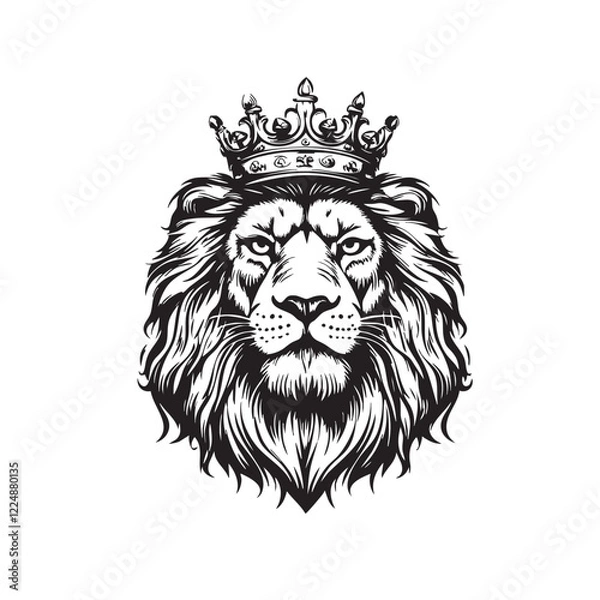 Obraz Vector of lion head wearing royal crown, detailed illustration art with flowing mane in heraldic style. Wildlife Animals.