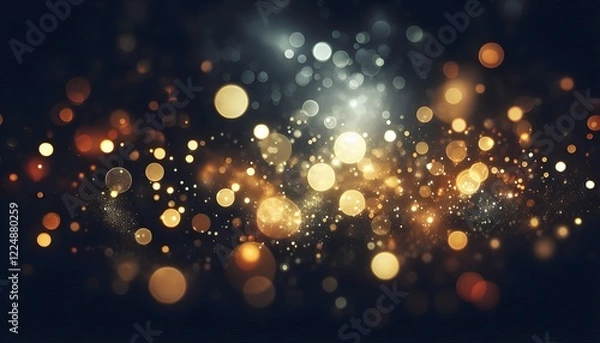 Fototapeta "A black background with blurred bokeh light textures, featuring soft golden and silver orbs glowing gently, creating a dreamy and atmospheric effect."