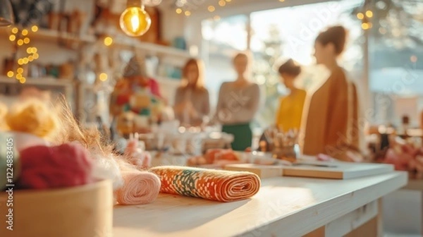Fototapeta A Cozy Craft Store Gathering: Friends Enjoying a Creative Day with Colorful Yarn and Handmade Decorations in a Bright, Inviting Workspace