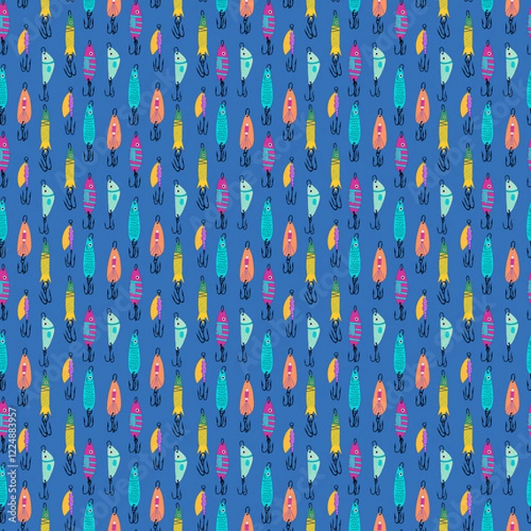 Fototapeta Fishing lures seamless pattern. Fishing hobby endless print. Perfect for wallpaper, fabric, wrapping, packaging, stationery, crafts, home decor, and fishing-themed gifts.