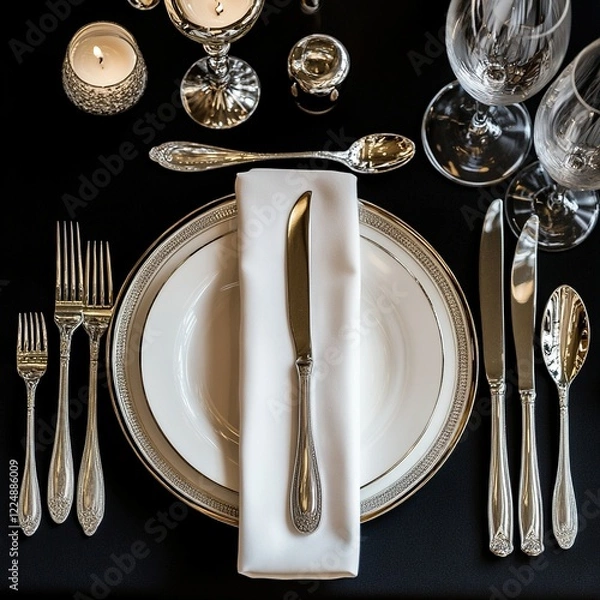 Fototapeta Elegant place setting with silver cutlery, white plates, and glassware on a black tablecloth.