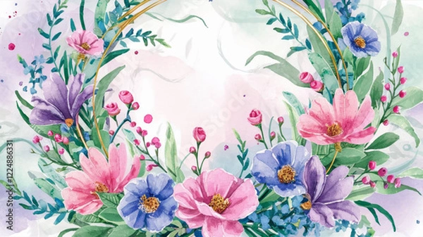 Fototapeta a stunning watercolor floral artwork with an elegant arrangement of pink, blue, and purple flowers, intricately designed with soft artistic strokes, creating a delicate and visually appealing backgrou