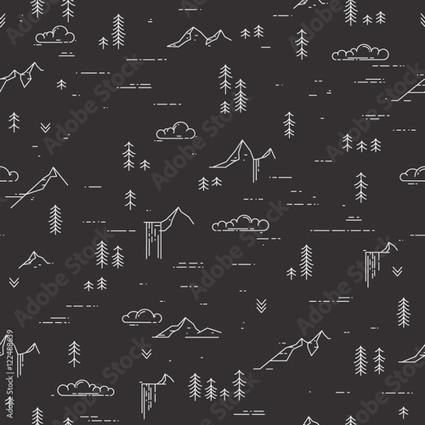 Fototapeta Vector linear seamless pattern with wild landscape elements on blackboard