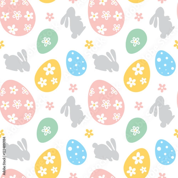 Fototapeta Easter bunny and eggs, spring.  Seamless pattern on white background. Vector.
