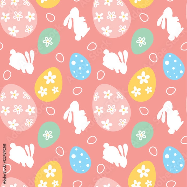 Fototapeta Easter bunny and eggs, spring.  Seamless pattern on pink background. Vector.