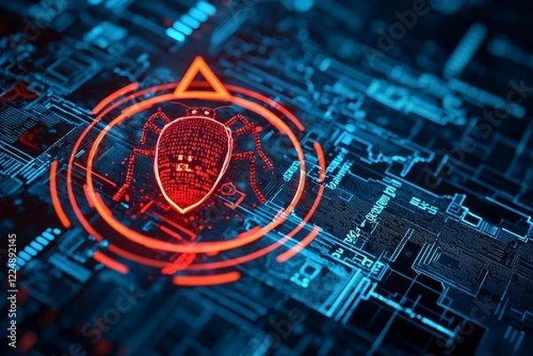 Fototapeta On a dark blue screen, enigmatic code streams downward, accompanied by a flashing red virus warning symbol, warning of a potential cybersecurity breach and malicious hack