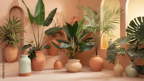 Fototapeta a charming collection of potted tropical plants arranged in an artistic indoor botanical display, featuring stylish ceramic, terracotta, and woven baskets that add a touch of natural elegance to moder