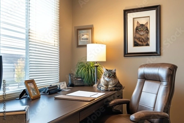 Fototapeta Cozy Home Office with Cat, Desk, Lamp, and Artwork in Natural Light