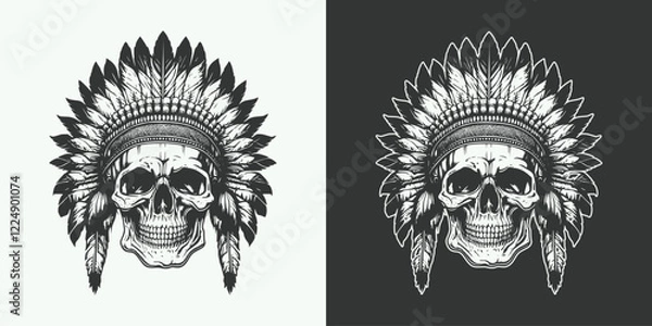 Obraz Skull heam human anatomy portrait with indian native american chief feathers decoration шддгыекфешщт