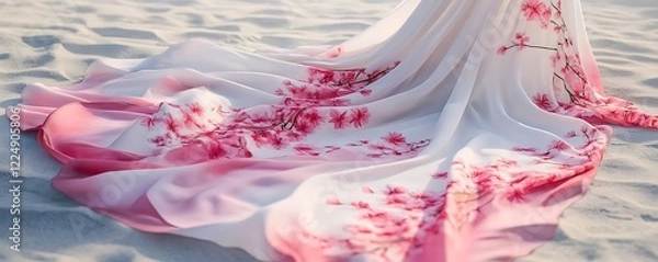 Fototapeta Elegant Summer Kaftan with Pink Floral Design on a Pristine White Canvas